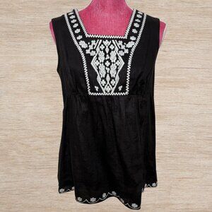 Linen Embroidered Blouse Dark Brown Tank Top Size 4 Cottagecore Coastal Grandma
